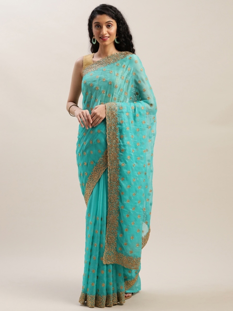 

Soch Teal & Gold-Toned Pure Chiffon Embellished Saree