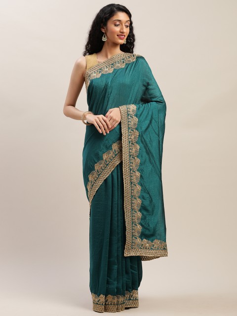

Soch Green & Beige Pure Georgette Solid Saree