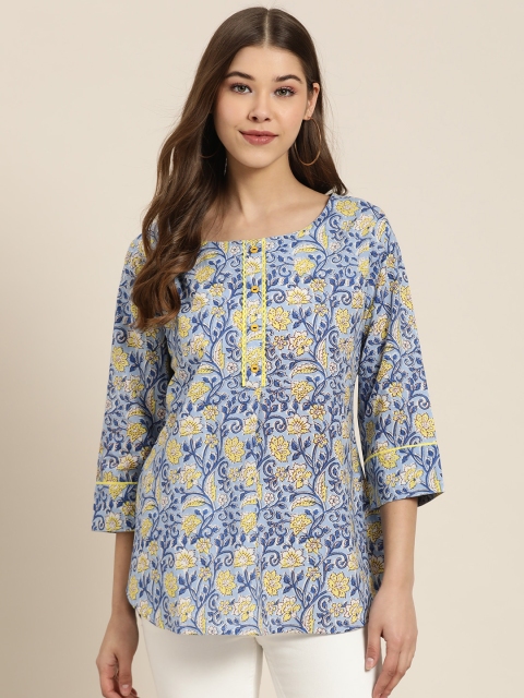 

Sangria Women Blue & Yellow Printed Pure Cotton Top