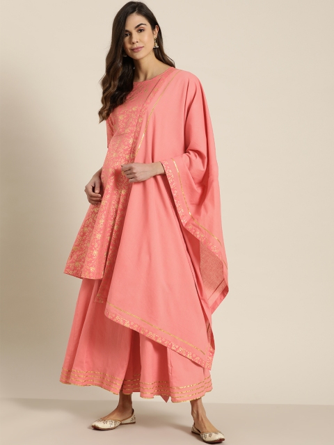 

Sangria Women Pink & Golden Printed Kurta with Palazzos & Dupatta