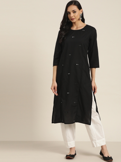 

Sangria Women Black Pure Cotton Mirror Work Straight Kurta