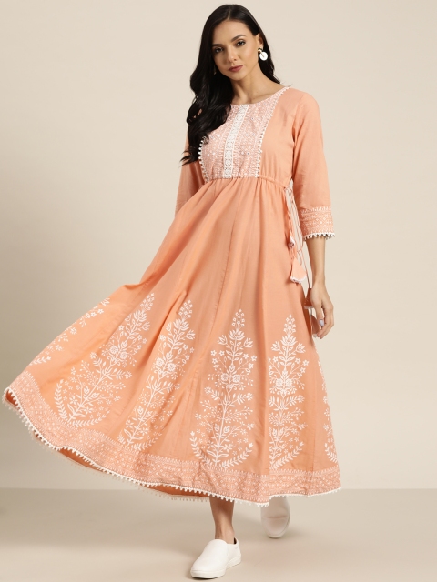 

Sangria Women Peach-Coloured & White Ethnic Print Pure Cotton Maxi Anarkali Dress