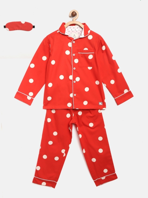 

Cherry Crumble Kids Red & White Polka Dot Printed Night Suit With Mask