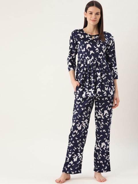 

Cottinfab Women Navy Blue & White Butterfly Print Night suit