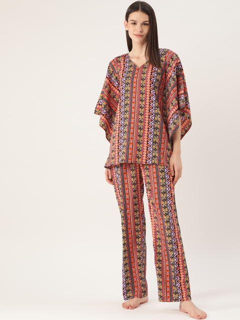 

Cottinfab Women Orange & Black Printed Night suit