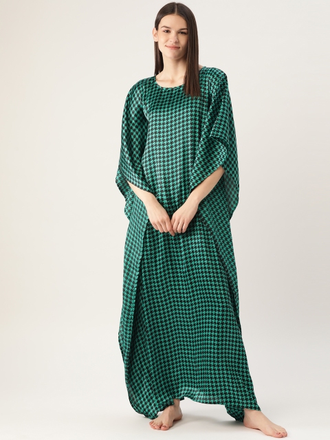 

Cottinfab Green & Black Houndstooth Print Maxi Satin Finish Kaftan Style Nightdress