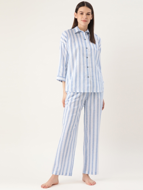 

Cottinfab Women White & Blue Striped Pure Cotton Night Suit