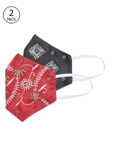 

ADA Women Pack of 2 Red & Black 2-Ply Chikankari Hand Embroidered Reusable Cloth Masks