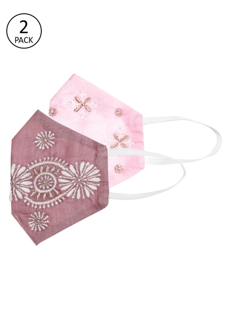 

ADA Women Pack of 2 Pink & Burgundy 2-Ply Chikankari Hand Embroidered Reusable Cloth Masks