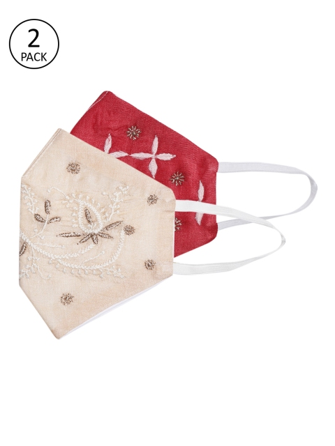 

ADA Women Pack of 2 Beige & Red 2-Ply Chikankari Hand Embroidered Reusable Cloth Masks