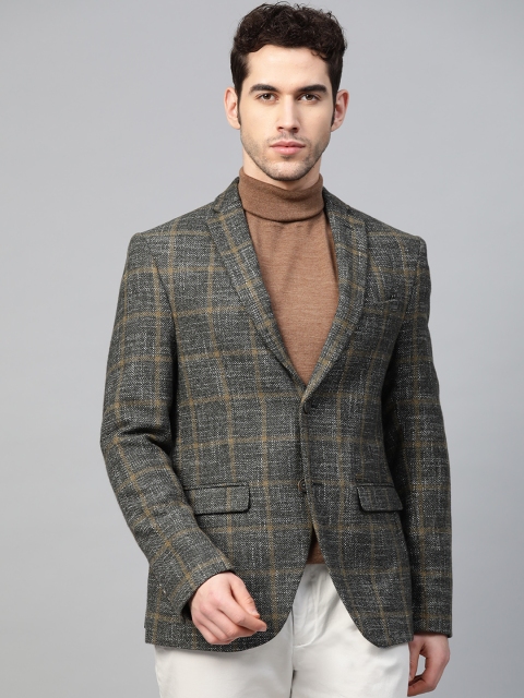 

Blackberrys Men Olive Green & Black Checked Slim Fit Single-Breasted Blazer