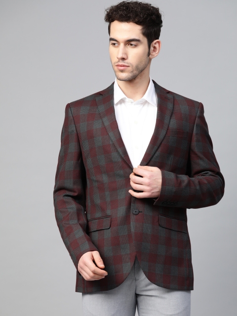 

Blackberrys Men Maroon & Grey Checked Slim Fit Single-Breasted Smart Casual Blazer