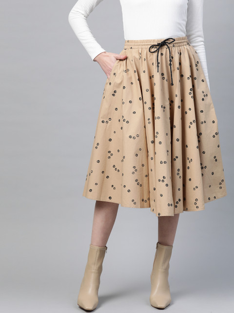 

Bhaane Women Beige & Black Printed Flared Pure Cotton Skirt