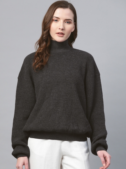 

Bhaane Women Charcoal Grey Merino Wool Solid Pullover