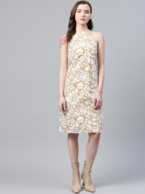 

Bhaane Women White & Mustard Brown Floral Printed One-Shoulder A-Line Dress