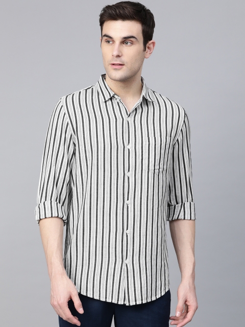 

Bhaane Men White & Black Pure Cotton Striped Casual Shirt