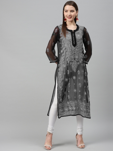 

Saadgi Women Black & White Chikankari Embroidered Handloom Sheer Straight Kurta