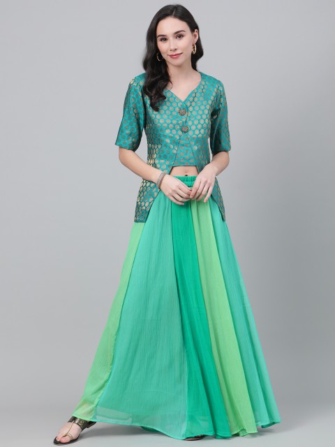 

Readiprint Fashions Green & Golden Ready to Wear Lehenga with Woven DesignBlouse