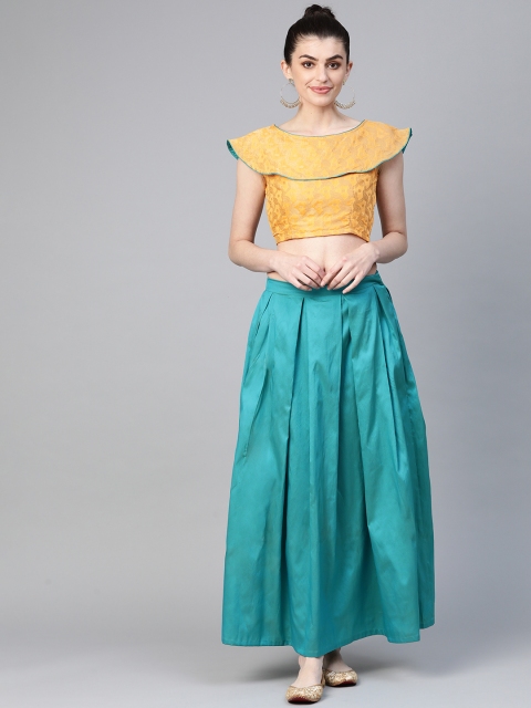 

Readiprint Fashions Teal Blue & Yellow Ready to Wear Solid Lehenga with Blouse