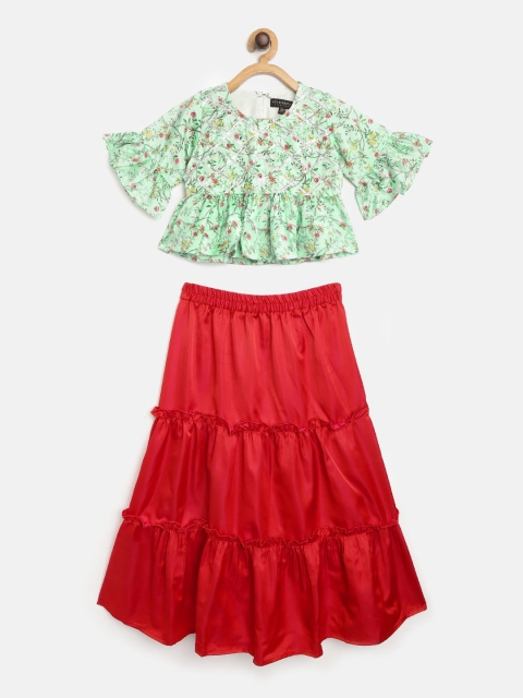

Readiprint Fashions Girls Green & Red Printed Top with Satin Finish Maxi Skirt
