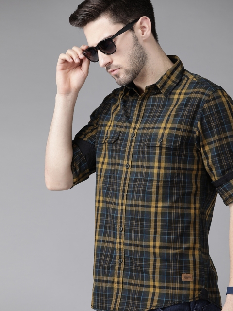 

The Roadster Lifestyle Co Men Mustard Yellow & Blue Checked Pure Cotton Casual Shirt