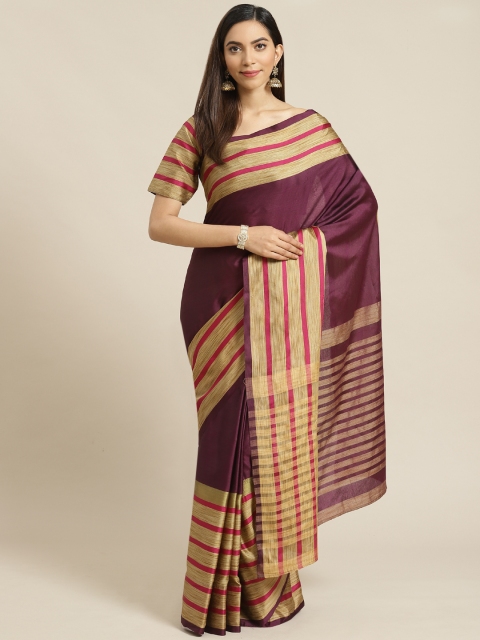 

Libas Wine-Coloured & Beige Satin Solid Saree, Purple
