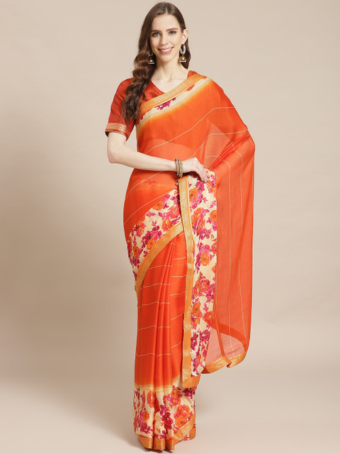 

Libas Orange & Beige Checked Saree