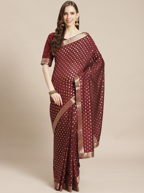 

Libas Burgundy & Golden Woven Design Saree