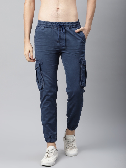 

The Roadster Lifestyle Co Men Navy Blue Solid Pure Cotton Low-Rise Cargo Joggers