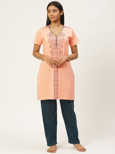 

Duchess Women Peach-Coloured & Teal Blue Printed Night Suit