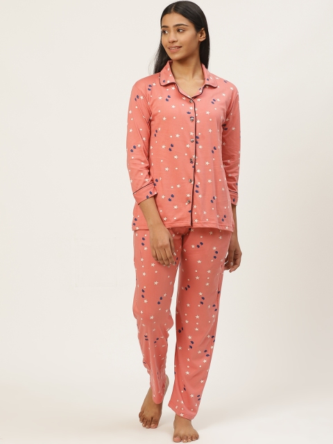 

Duchess Women Pink & Off-White Star Printed Pure Cotton Night Suit