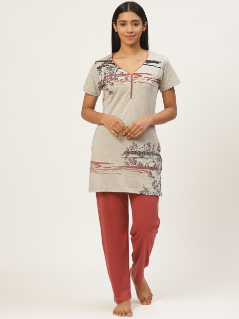 

Duchess Women Grey & Coral Printed Night suit