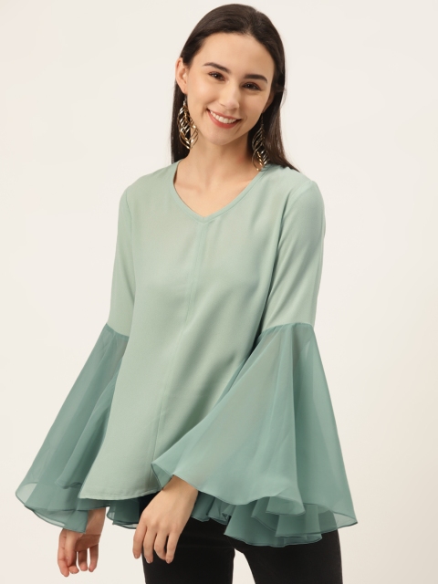 

SHECZZAR Women Sea Green Solid A-Line Bell Sleeves Top