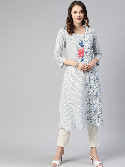 

araaliya Women White & Blue Printed A-Line Kurta