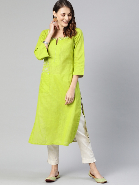 

araaliya Women Lime Green Embroidered Straight Kurta