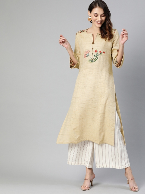 

araaliya Women Beige Embroidered Straight Kurta