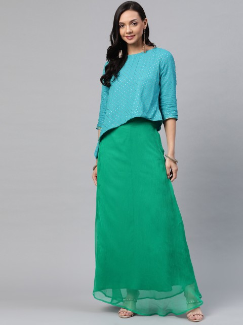 

Readiprint Fashions Women Green & Blue Printed Asymmetric Top with Maxi Skirt