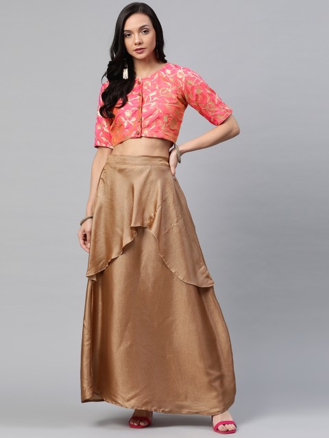 

Readiprint Fashions Golden & Pink Ready to Wear Layered Lehenga with Blouse, Gold