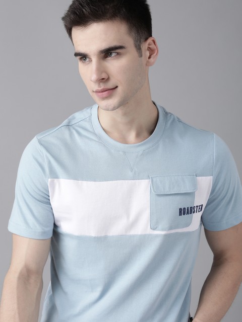 

Roadster Men Blue & White Pure Cotton Colourblocked T-shirt