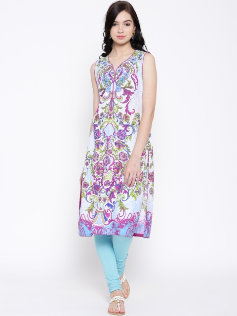 BIBA White & Purple Floral Print Kurta available at myntra for Rs.479
