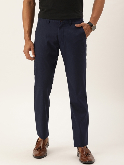 

PETER ENGLAND UNIVERSITY Men Navy Blue Solid Super Slim Fit Regular Trousers