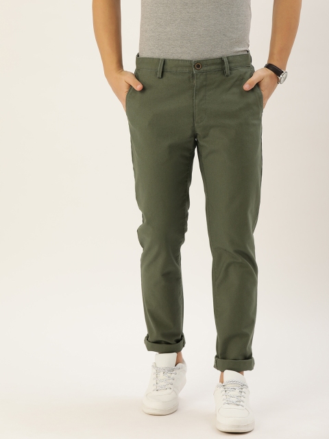 

PETER ENGLAND UNIVERSITY Men Olive Green Slim Fit Solid Regular Trousers
