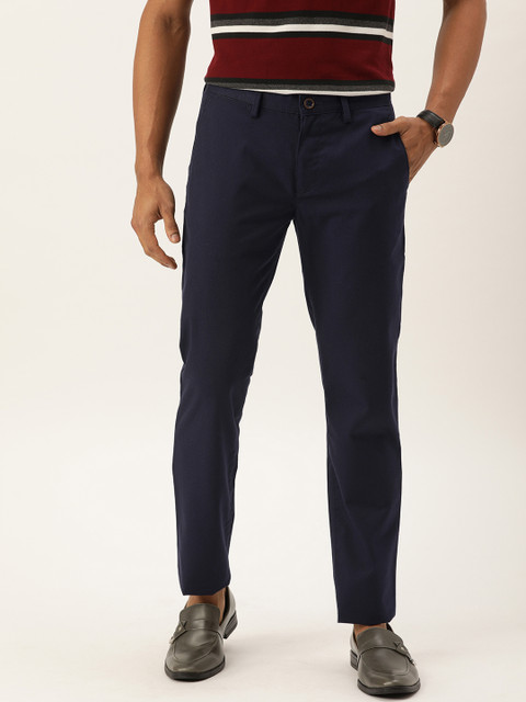 

PETER ENGLAND UNIVERSITY Men Navy Blue Solid Super Slim Fit Regular Trousers