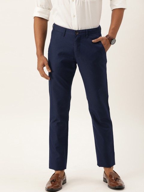 

PETER ENGLAND UNIVERSITY Men Navy Blue Solid Super Slim Fit Regular Trousers