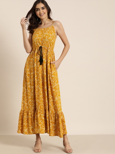 

all about you Women Mustard Yellow & White Floral Printed Gathered Maxi Dress