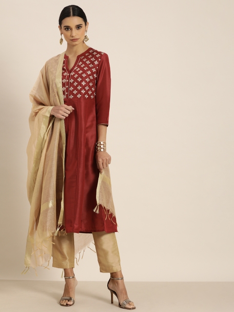 

all about you Women Maroon & Gold-Toned Embroidered Panelled Kurta with Trousers & Dupatta