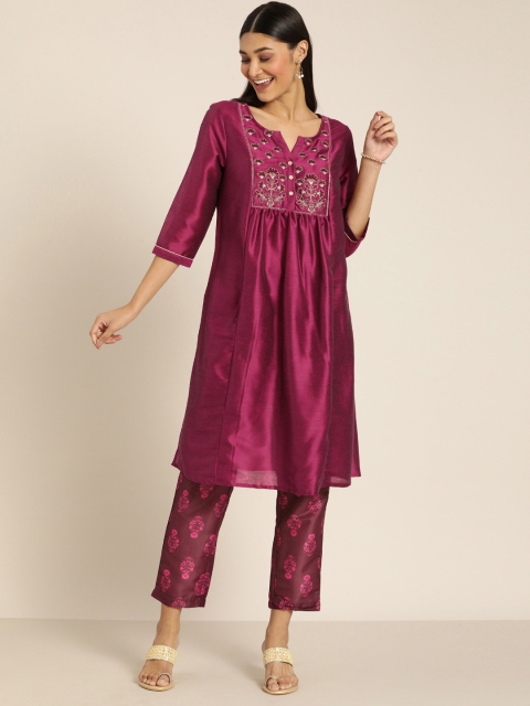 

all about you Women Magenta Embroidered Yoke Design Kurta with Trousers