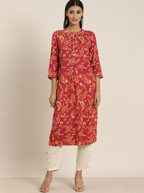 

all about you Women Red & Off-White Printed Pleated Kurta with Trousers