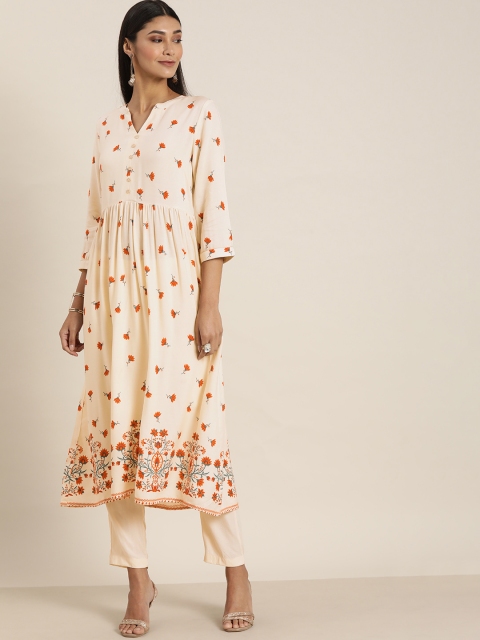 

all about you Women Off-White & Orange Floral Printed Kurta with Trousers