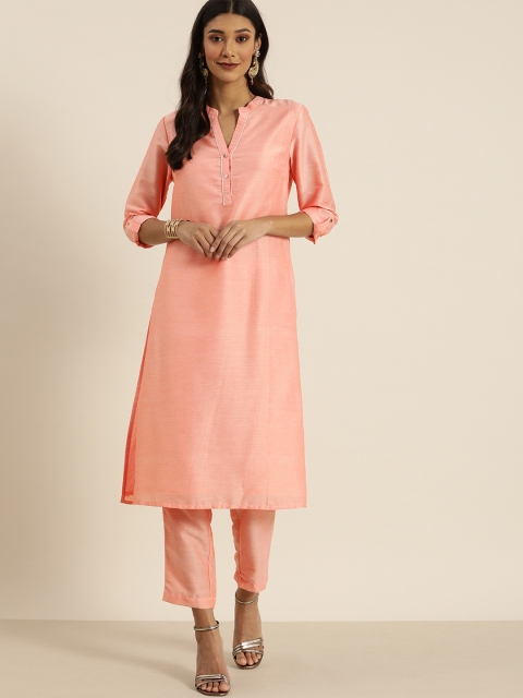 

all about you Women Peach-Coloured Solid Kurta with Trousers